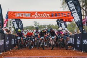 Mountain bikers racing the Austin Rattler MTB at Reveille Peak Ranch in Burnet, Texas
