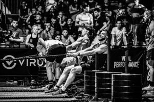 Three athletes lean back hauling ropes on the sled pull station in front of a packed crowd at a HYROX race