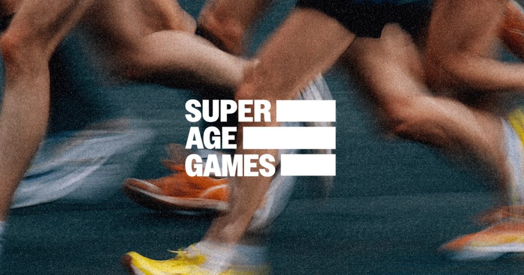 Runners mid-stride on a track with the Super Age Games wordmark overlaid