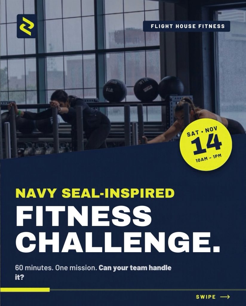 Flyer for the Navy SEAL-Inspired Fitness Challenge on Saturday 14 November at Flight House Fitness
