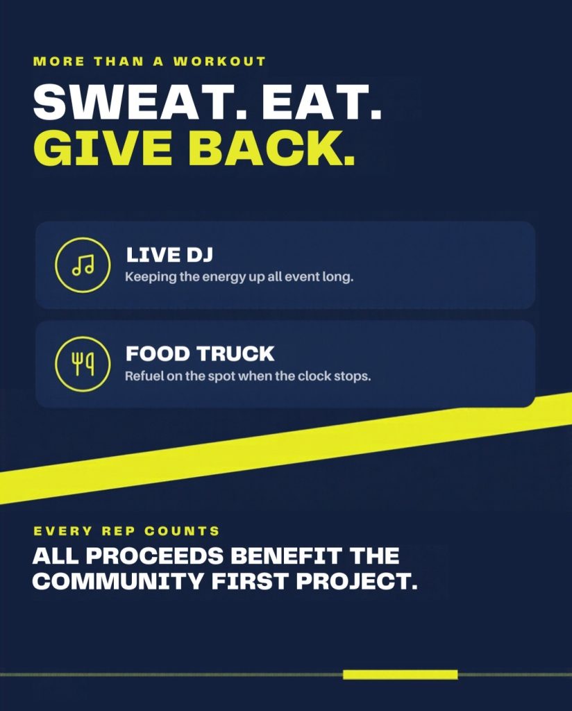Flyer listing the live DJ and food truck, and that all proceeds benefit Community First Project