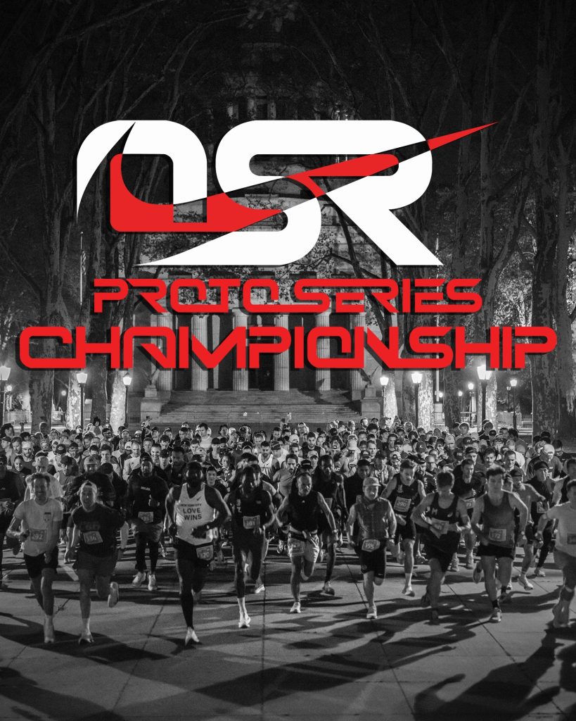 A large field of runners starting a night race in Manhattan at the Orchard Street Runners Proto Championship