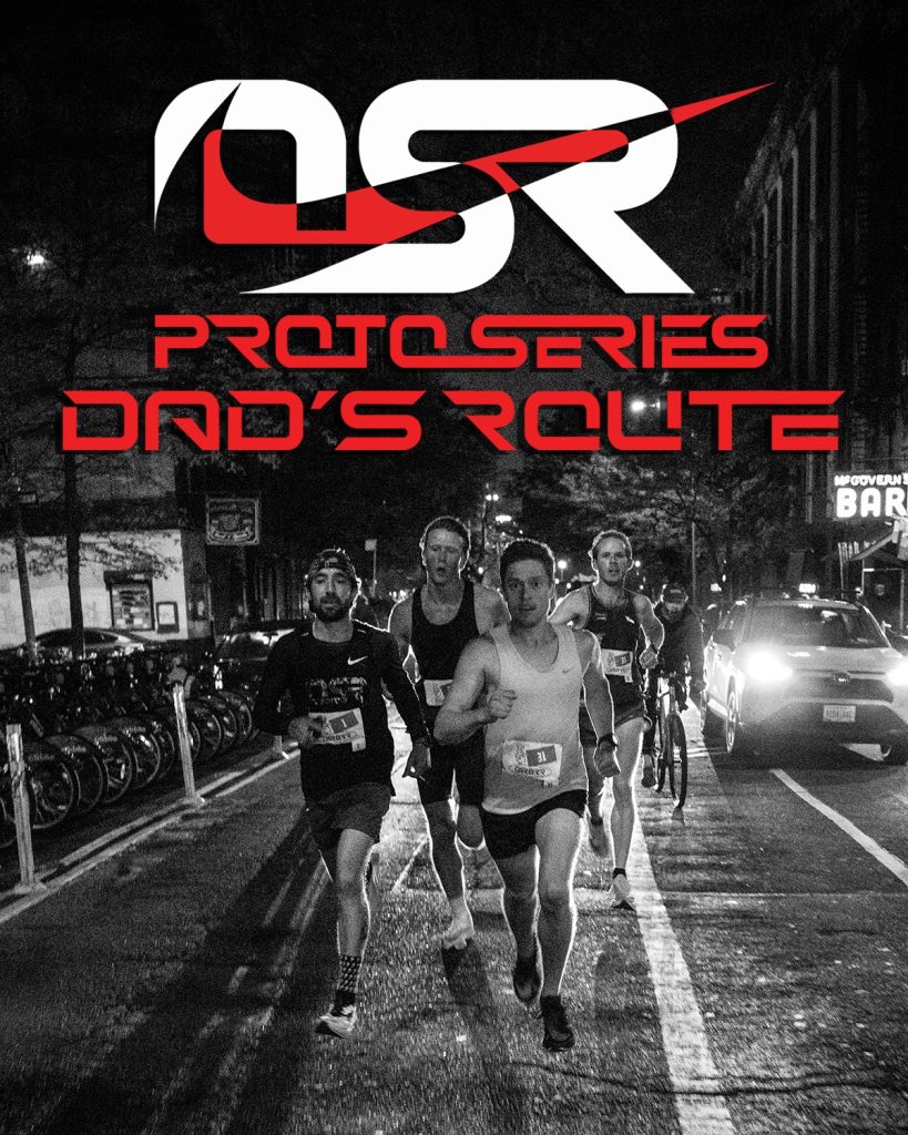 Runners racing at night through Manhattan streets at the Orchard Street Runners Proto Series Dad's Route