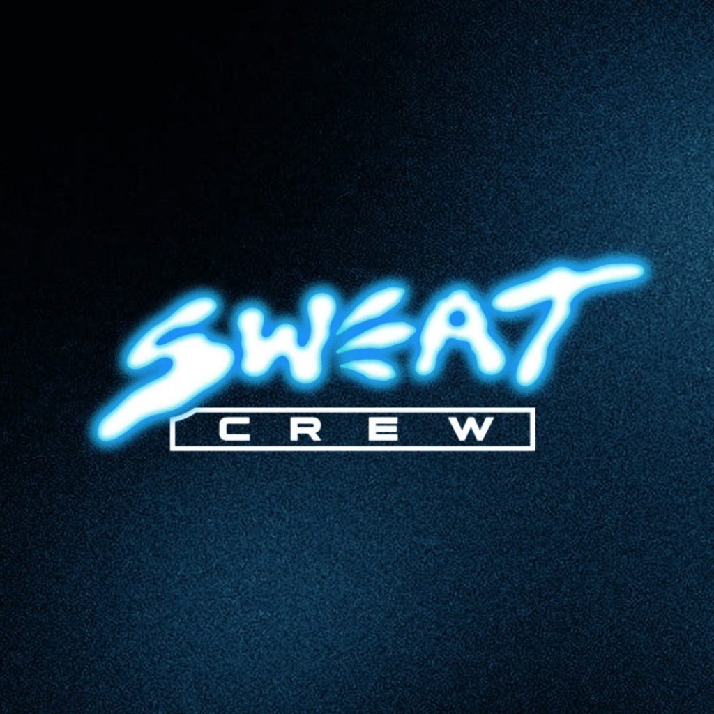 Sweat Crew logo - the words SWEAT CREW in blue neon script on a dark background