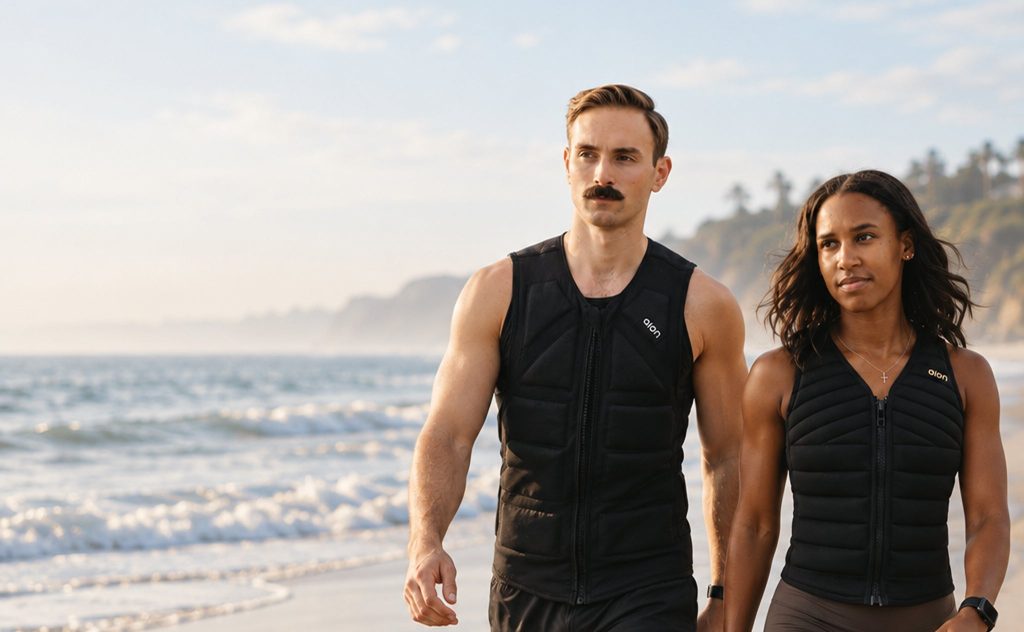 A man and a woman walking on a beach at sunrise wearing black Aion weighted vests